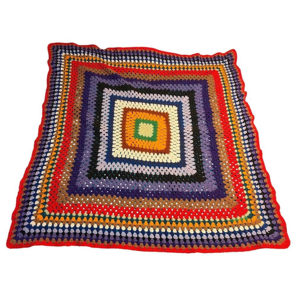 VTG Handmade Multi-Colored Granny Square Crochet Afghan Blanket/Throw 43x43